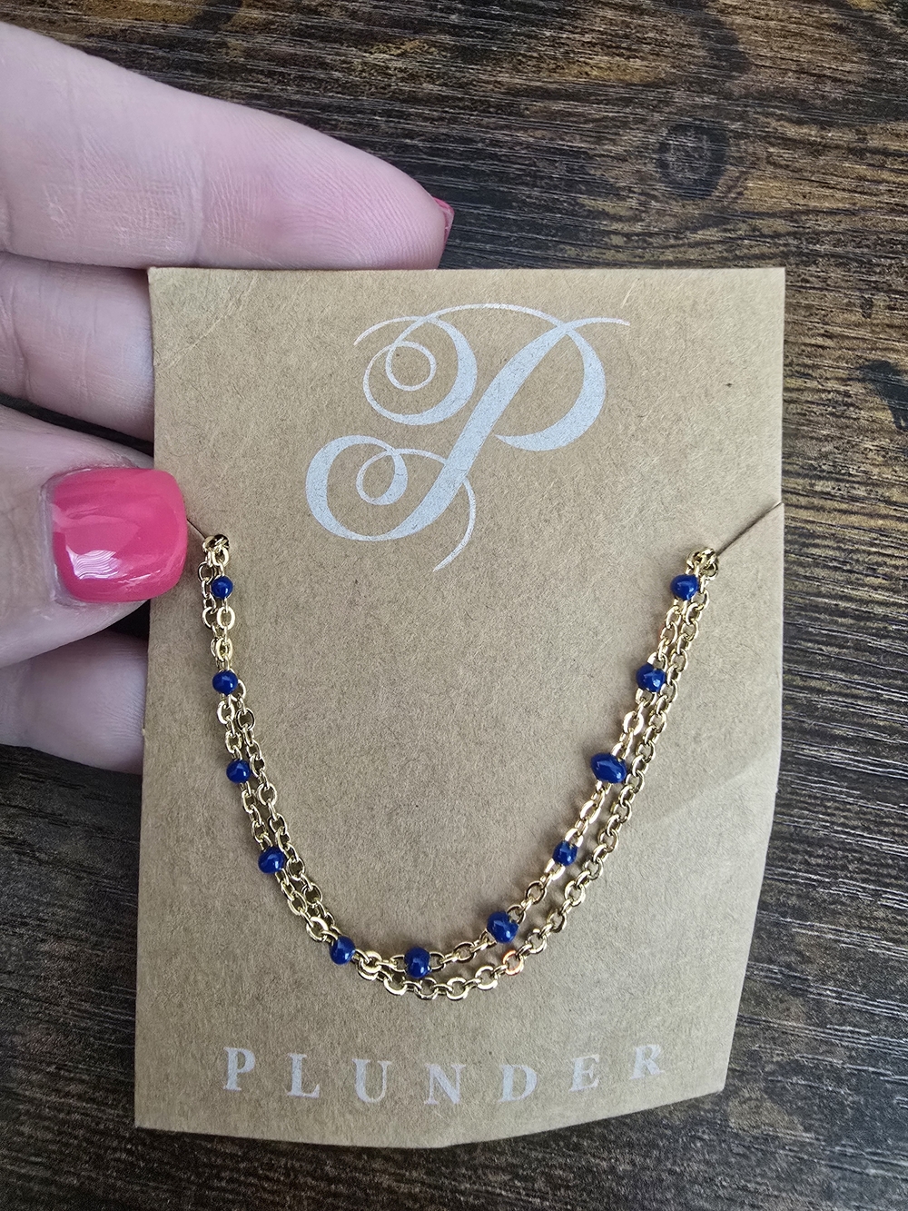Plunder Gold Double Chain Necklace with Blue Beads